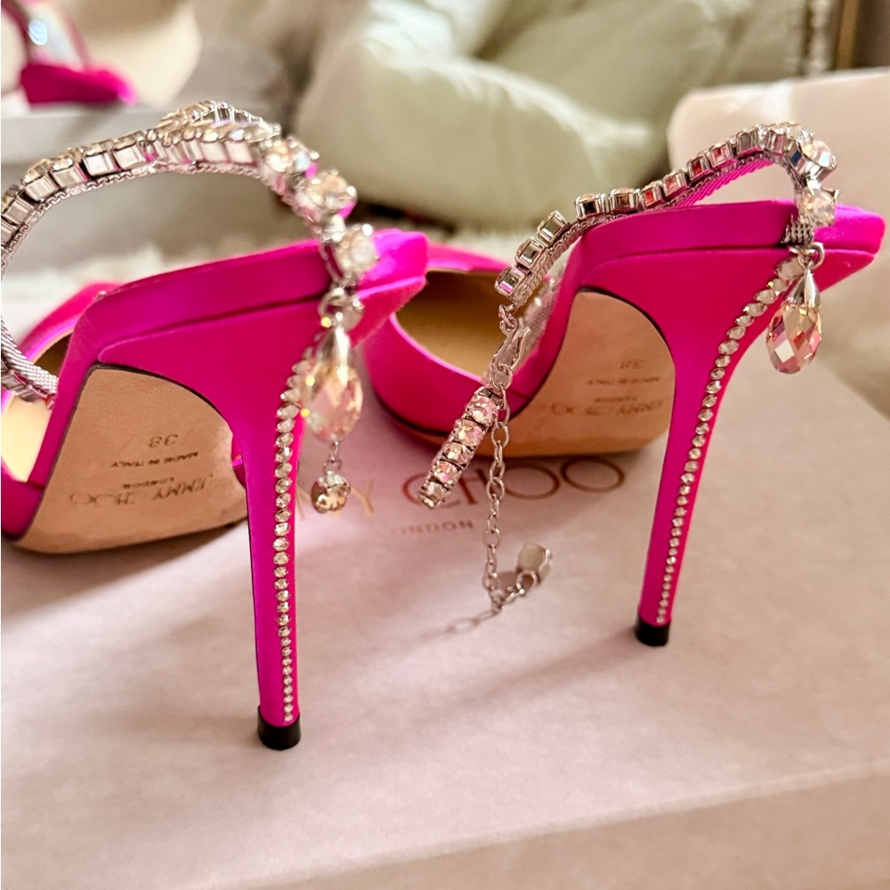 Jimmy Choo Hot Pink Satin Pointed-Toe Stiletto Heels with Crystal Ankle Straps - Picture 2 of 3